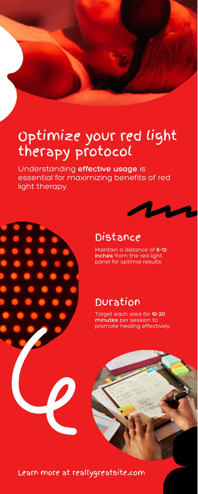 Diagram of red light therapy protocol with distance, time, and frequency
