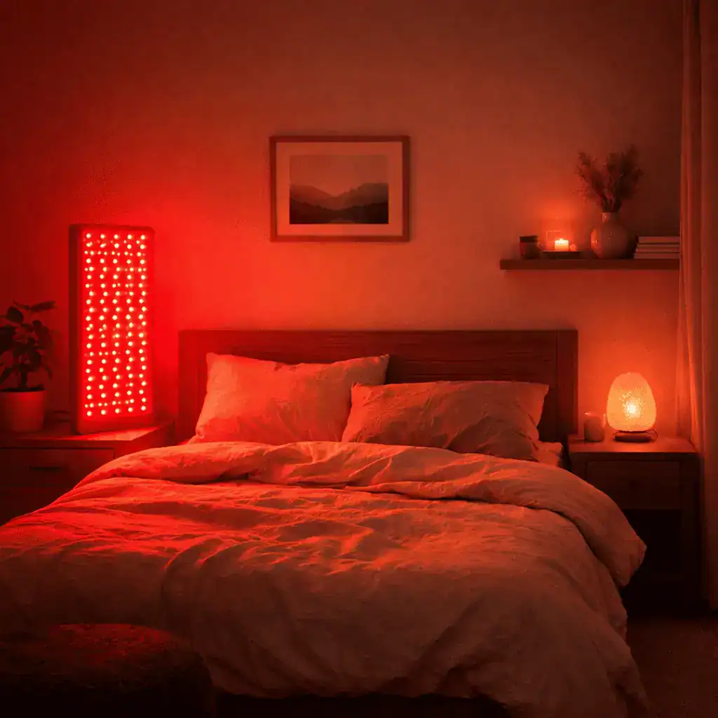 Red light therapy panel creating a soft glow in a calm bedroom at night