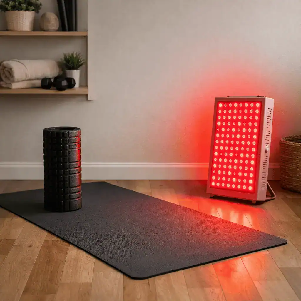 Home gym setup with a red light therapy panel near workout equipment