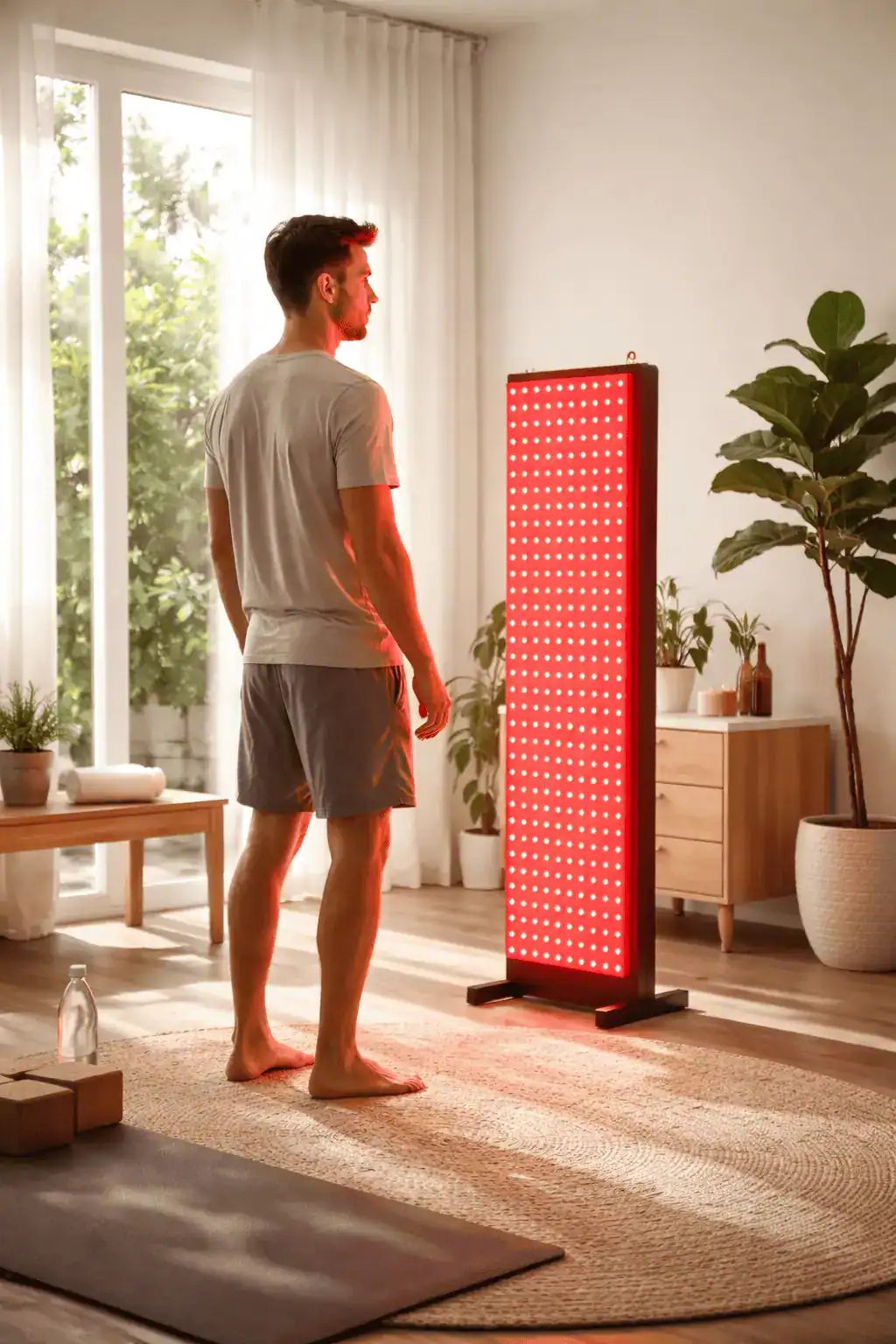 Person standing near a red light therapy panel during a morning wellness routine